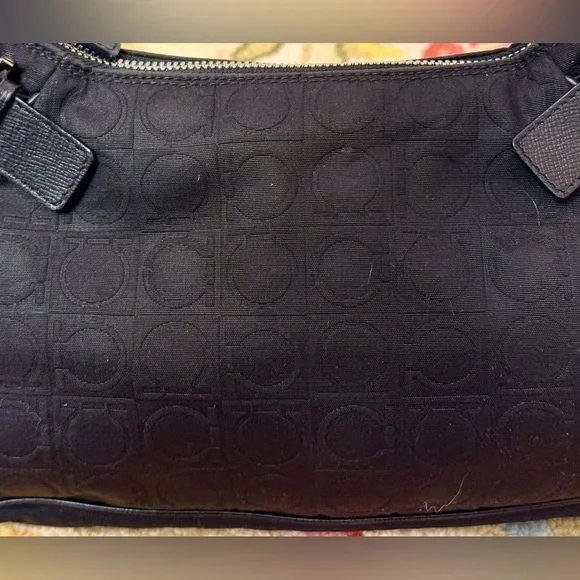 SALVATORE FERRAGAMO Silver Fittings Gancini Canvas Nylon Shoulder Bag Black/Red